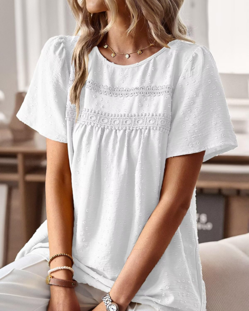 Grace Women's Boho Blouse – Lace Short Sleeve Round Neck Summer Tunic
