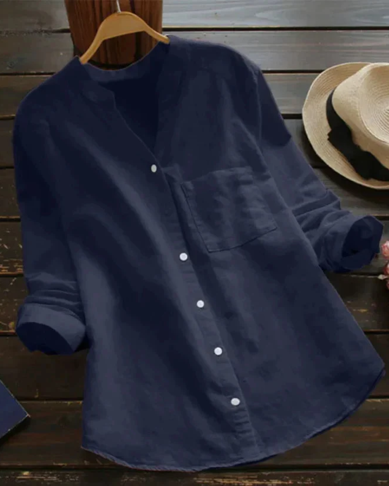 Rowena Women's V-Neck Blouse – Button-Up Roll Sleeve Casual Summer Shirt