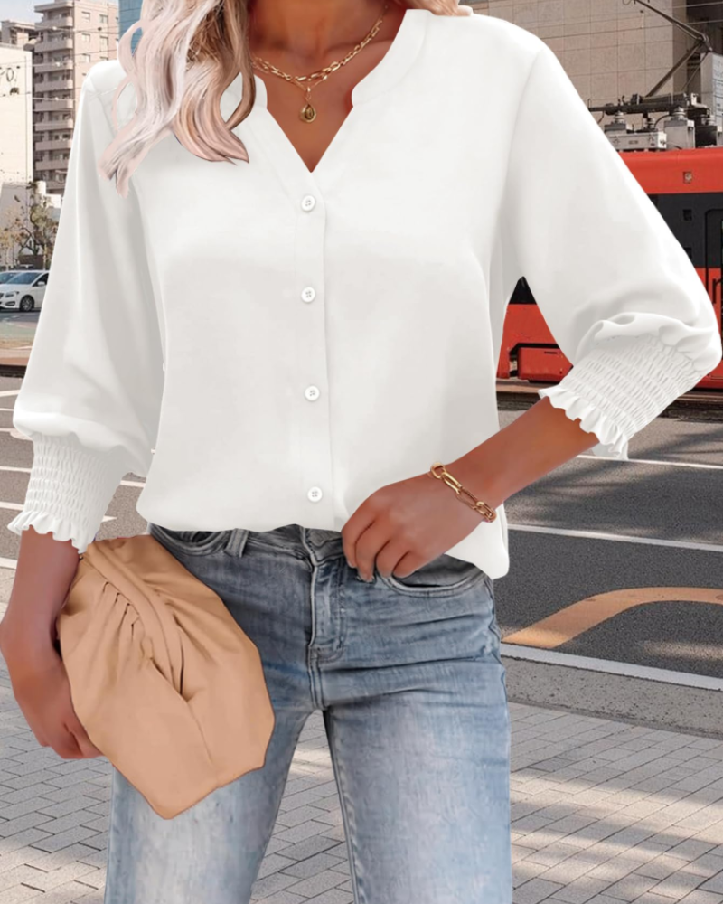 Vivienne Women's Button-Down Blouse – 3/4 Sleeve V-Neck Lightweight Office Shirt