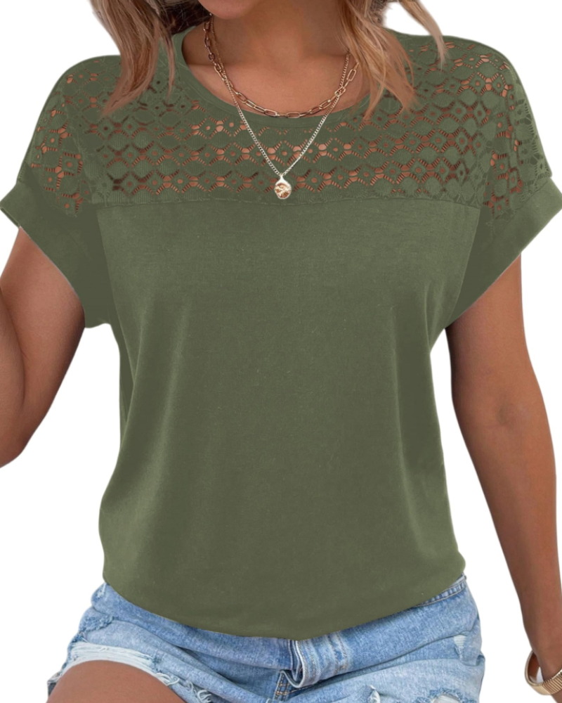 Emily Women's Lace T-Shirt – Elegant Round Neck Short Sleeve Summer Top