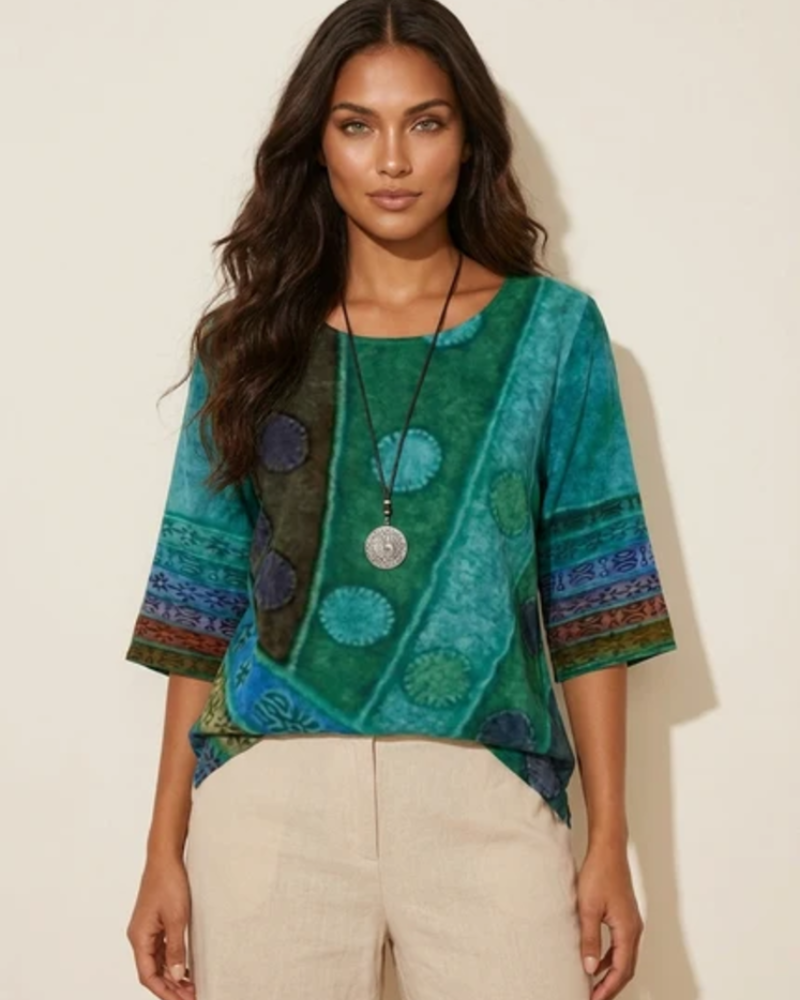 Aveline Women's Boho Blouse – Artistic Print Relaxed Fit Button Detail Top
