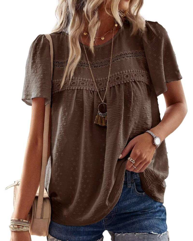 Grace Women's Boho Blouse – Lace Short Sleeve Round Neck Summer Tunic