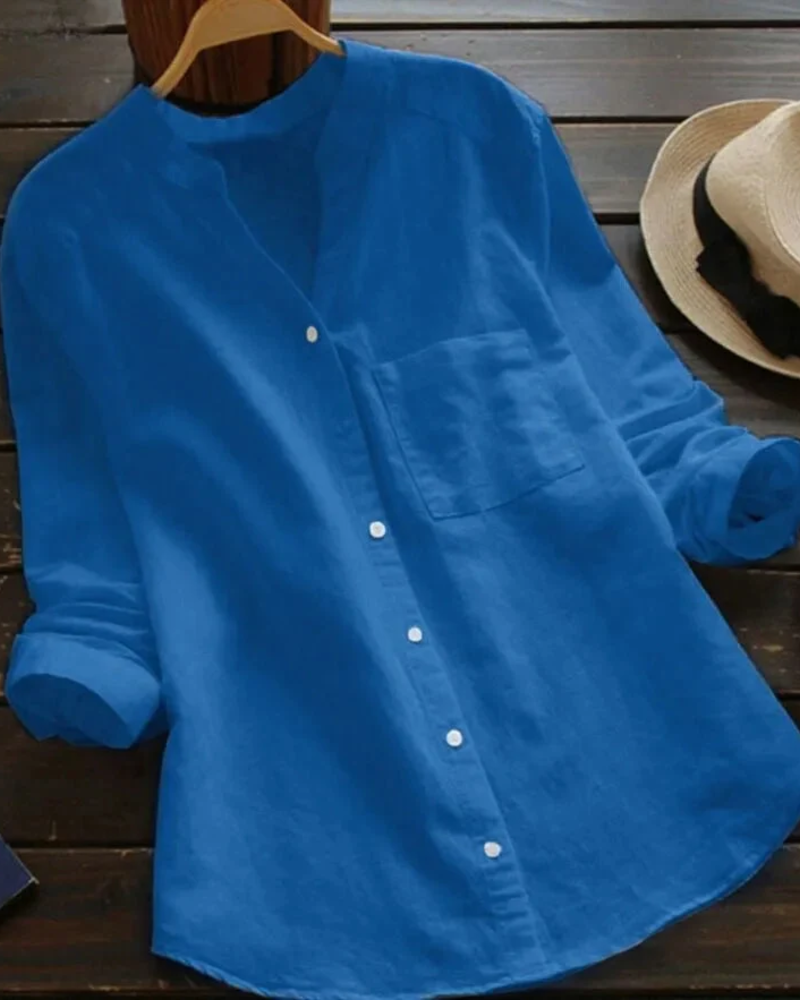 Rowena Women's V-Neck Blouse – Button-Up Roll Sleeve Casual Summer Shirt