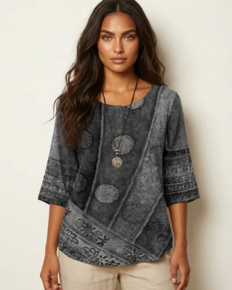 Aveline Women's Boho Blouse – Artistic Print Relaxed Fit Button Detail Top