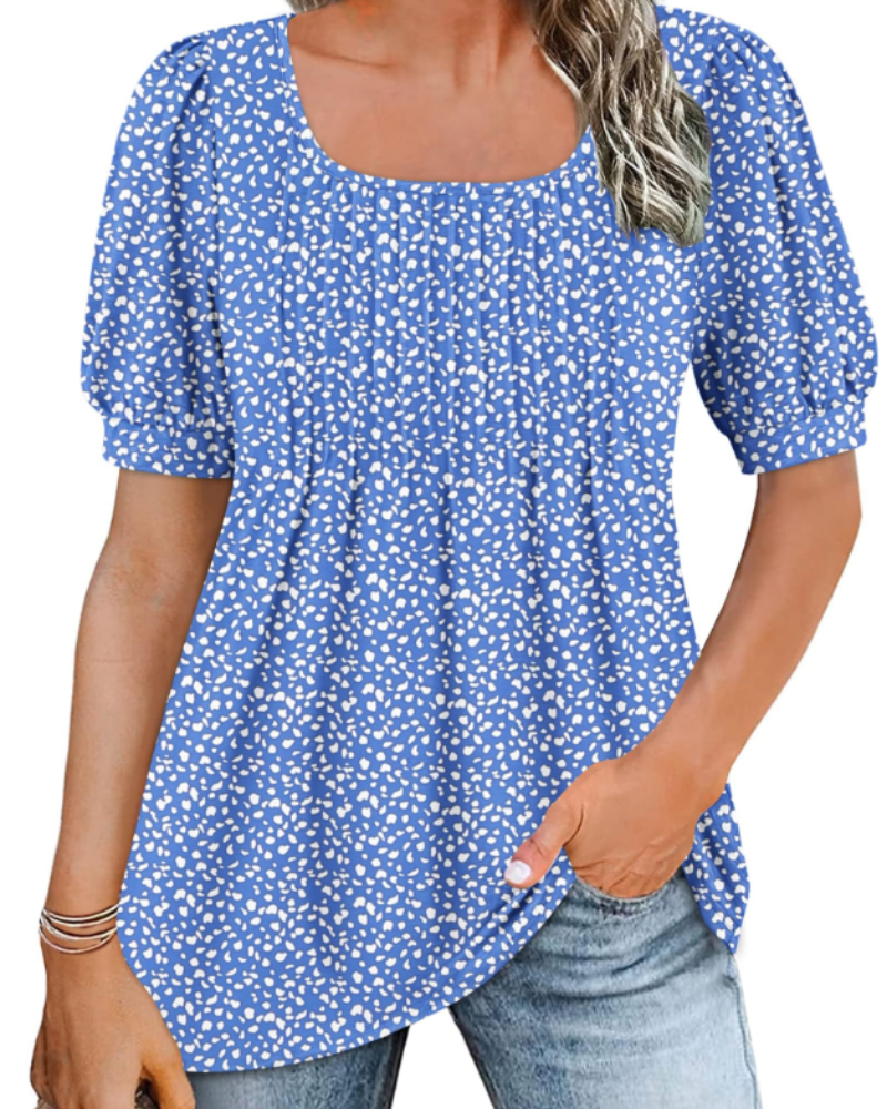 Olivia Women's Square Neck Tunic Top – Pleated Puff Sleeve Summer Blouse