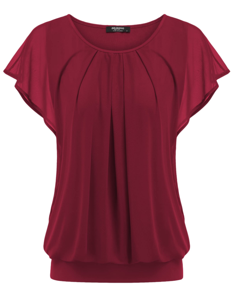 Sophia Women's Double Layer Blouse – Batwing Sleeve Mesh Tunic Top