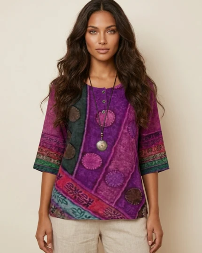Aveline Women's Boho Blouse – Artistic Print Relaxed Fit Button Detail Top