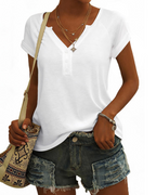 Emma Women's V-Neck Button Top – Loose Fit Cotton Blend Summer T-Shirt