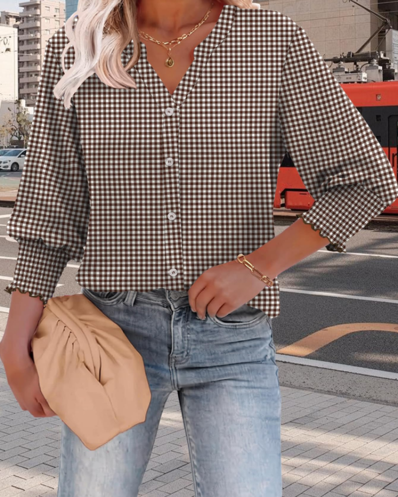 Vivienne Women's Button-Down Blouse – 3/4 Sleeve V-Neck Lightweight Office Shirt