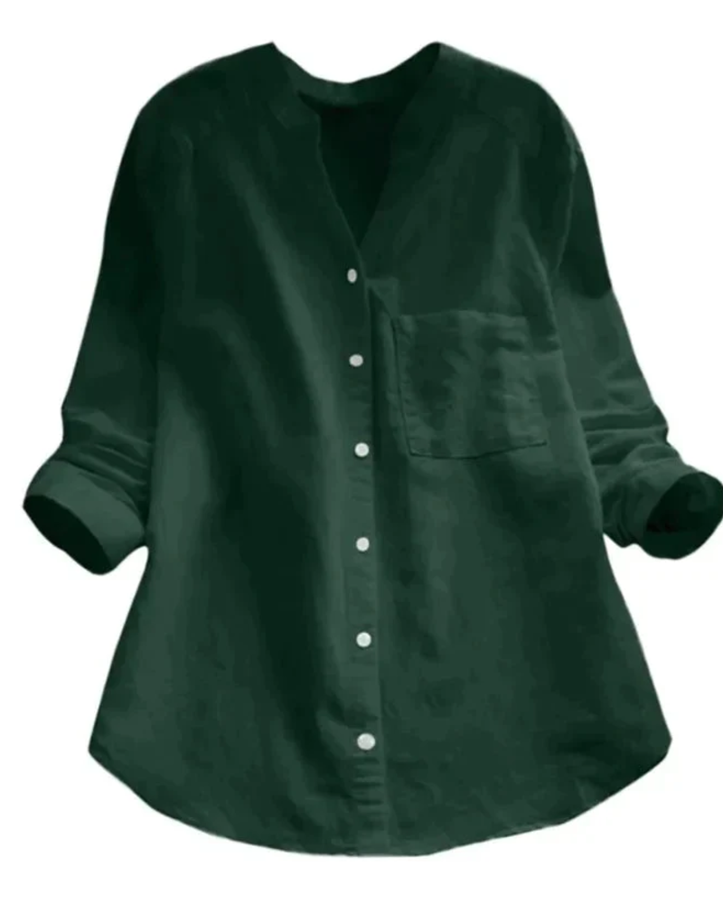 Rowena Women's V-Neck Blouse – Button-Up Roll Sleeve Casual Summer Shirt