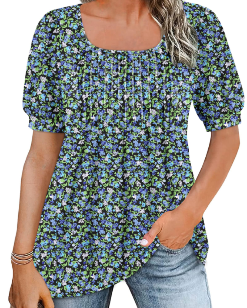 Olivia Women's Square Neck Tunic Top – Pleated Puff Sleeve Summer Blouse