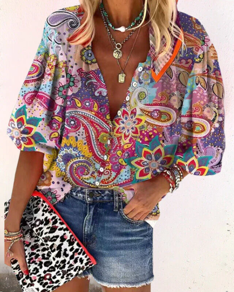 Rosalind Women's Floral Blouse – Button-Up Half Sleeve Smart Casual Shirt
