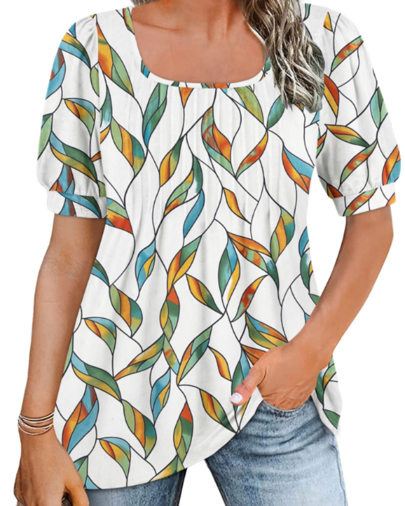 Olivia Women's Square Neck Tunic Top – Pleated Puff Sleeve Summer Blouse