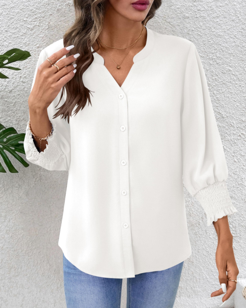 Vivienne Women's Button-Down Blouse – 3/4 Sleeve V-Neck Lightweight Office Shirt
