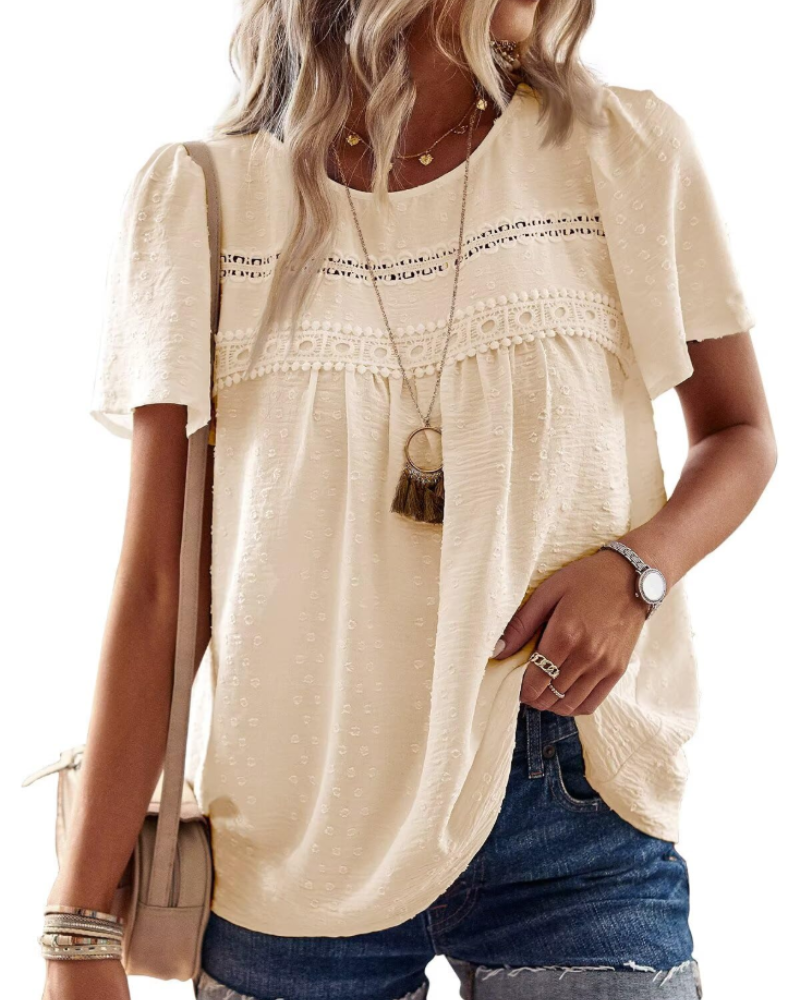 Grace Women's Boho Blouse – Lace Short Sleeve Round Neck Summer Tunic