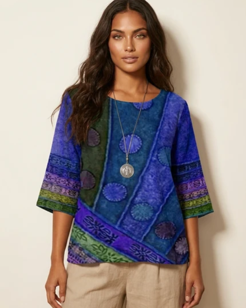 Aveline Women's Boho Blouse – Artistic Print Relaxed Fit Button Detail Top