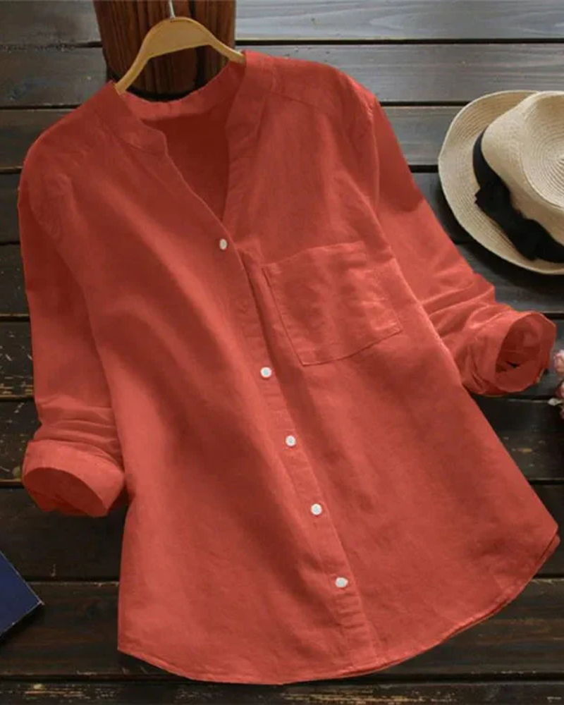 Rowena Women's V-Neck Blouse – Button-Up Roll Sleeve Casual Summer Shirt