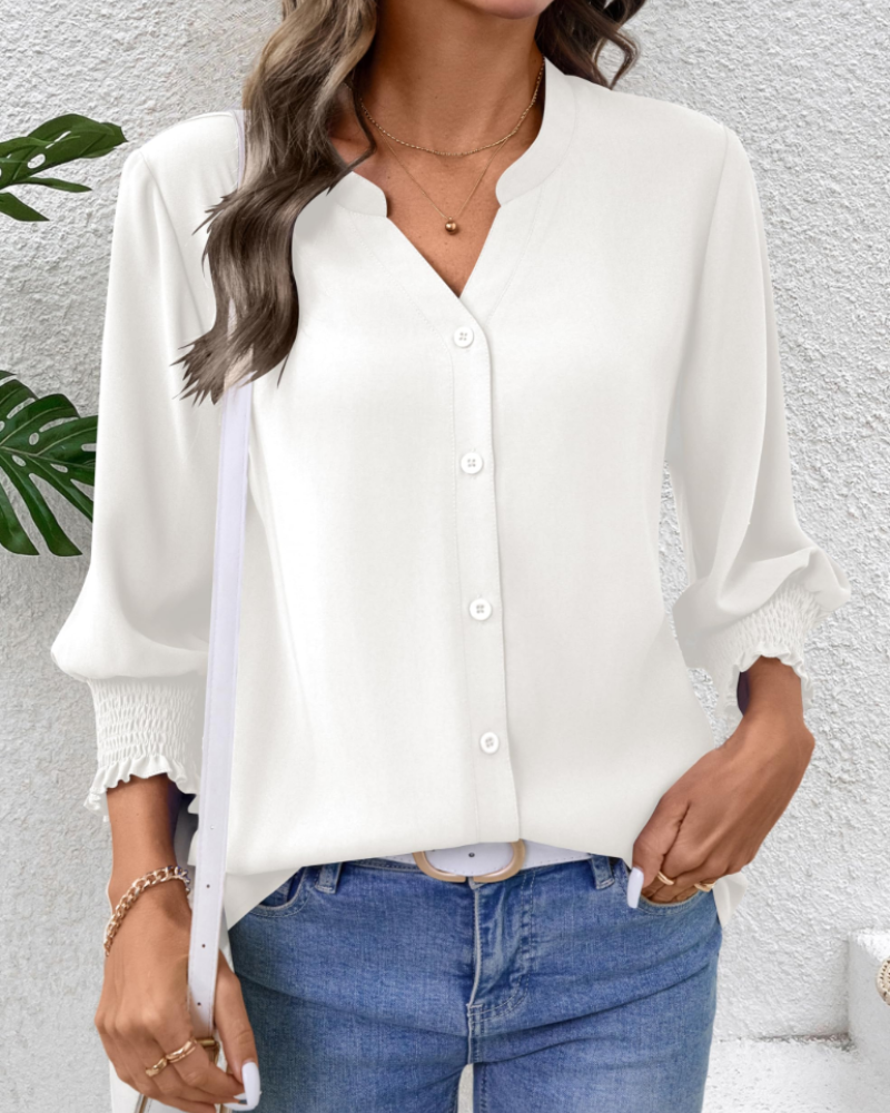 Vivienne Women's Button-Down Blouse – 3/4 Sleeve V-Neck Lightweight Office Shirt