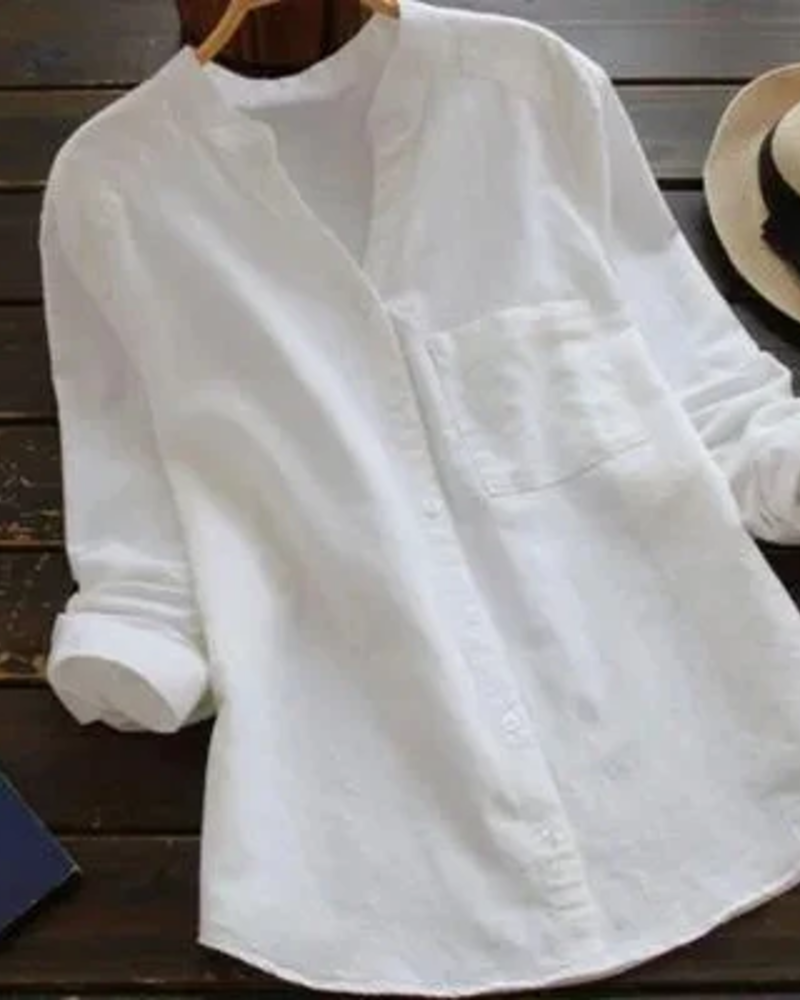 Rowena Women's V-Neck Blouse – Button-Up Roll Sleeve Casual Summer Shirt