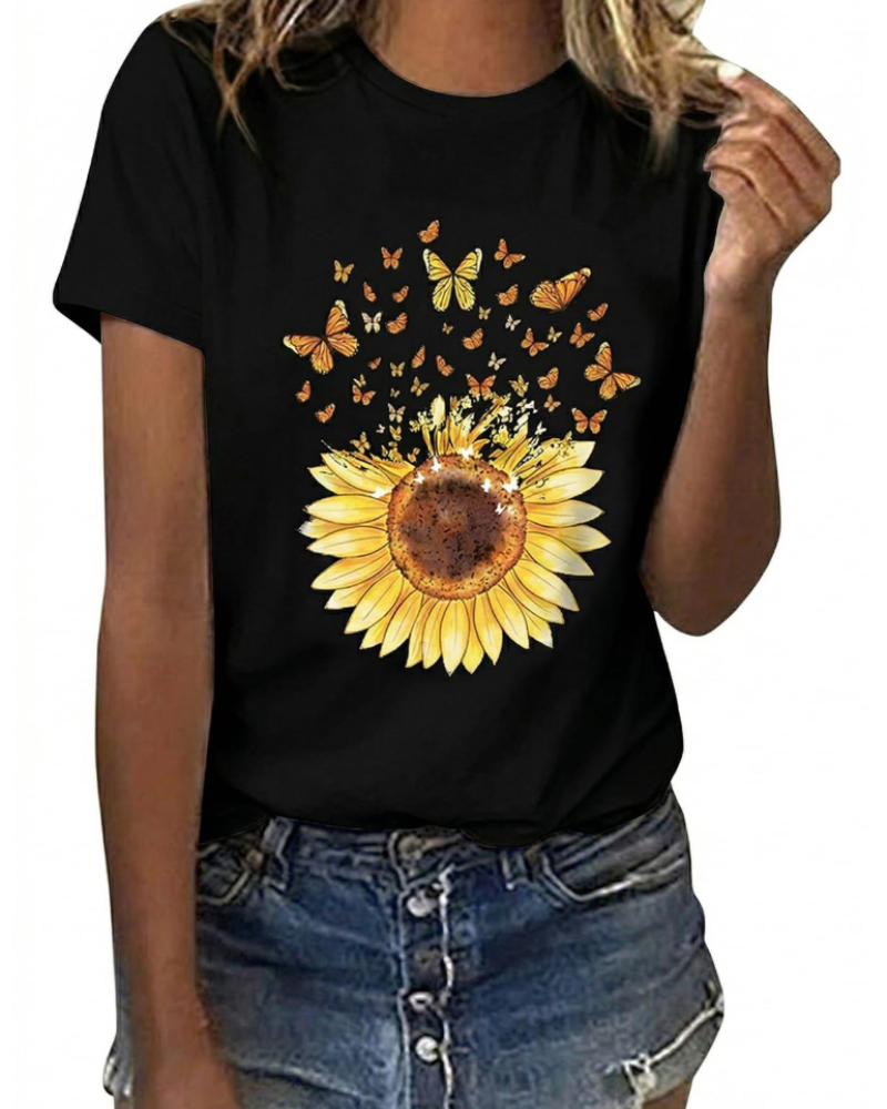 Bella Women's Cotton Graphic T-Shirt – Sunflower Daisy Print Summer Top