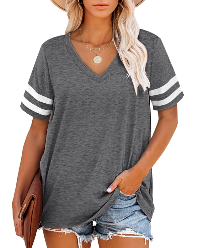 Chloe Women's V-Neck T-Shirt – Striped Sleeve Loose Fit Summer Top