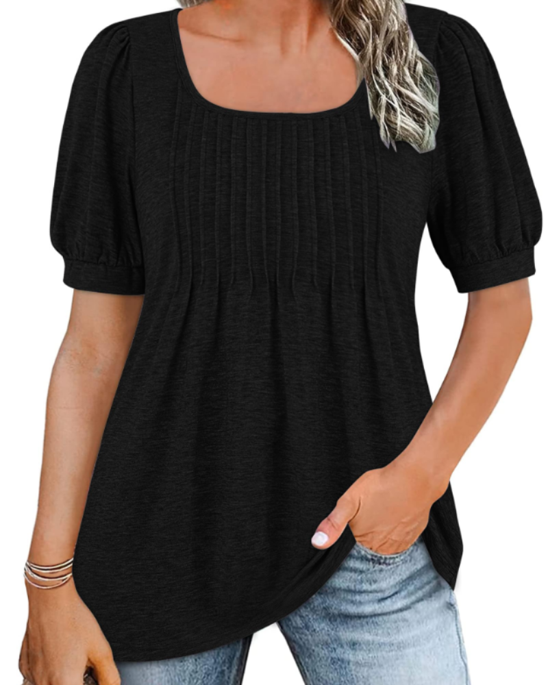 Olivia Women's Square Neck Tunic Top – Pleated Puff Sleeve Summer Blouse