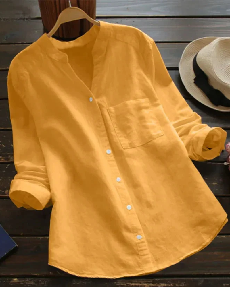 Rowena Women's V-Neck Blouse – Button-Up Roll Sleeve Casual Summer Shirt