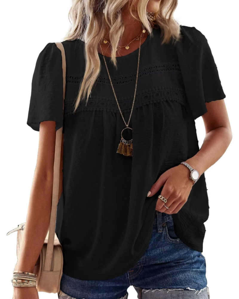 Grace Women's Boho Blouse – Lace Short Sleeve Round Neck Summer Tunic