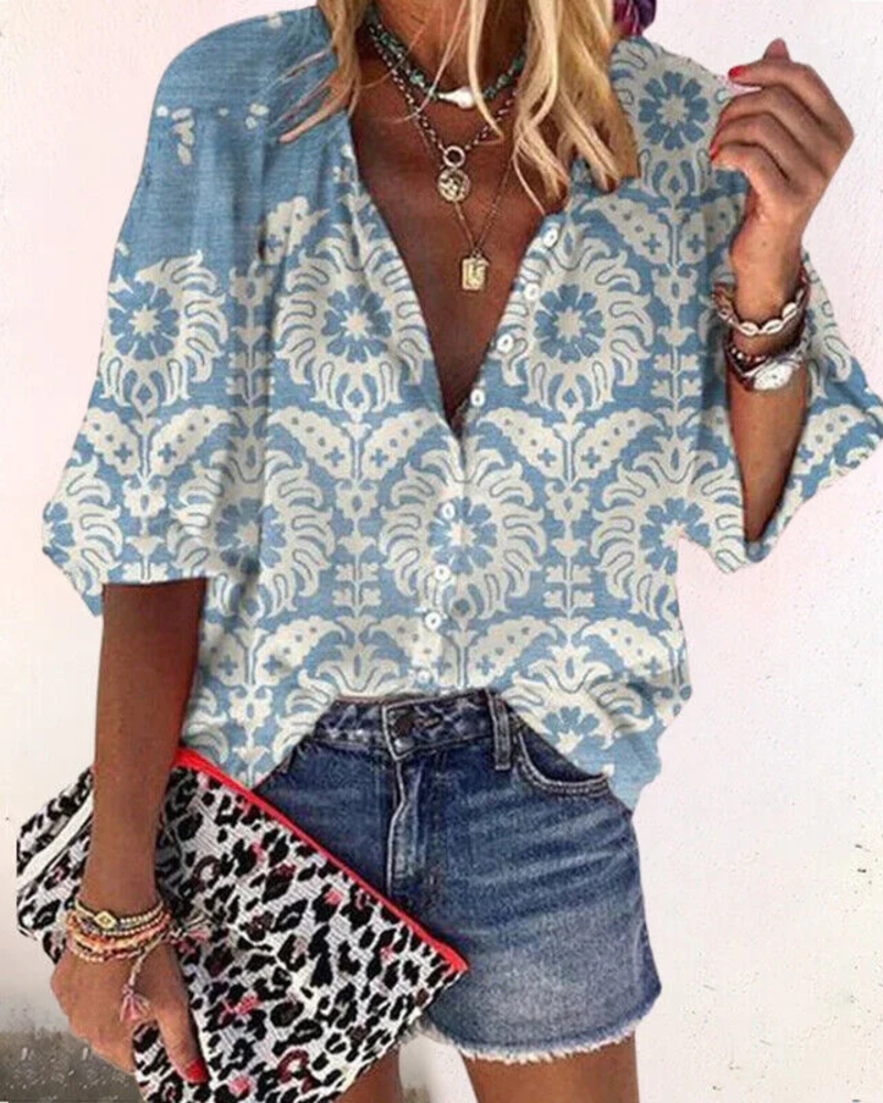 Rosalind Women's Floral Blouse – Button-Up Half Sleeve Smart Casual Shirt