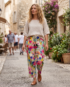 Isolde Women's Floral Trousers – Boho Wide Leg Elastic Waist Casual Trousers