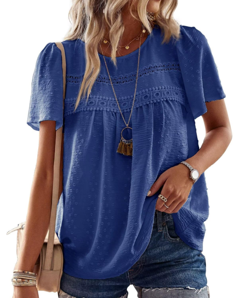 Grace Women's Boho Blouse – Lace Short Sleeve Round Neck Summer Tunic
