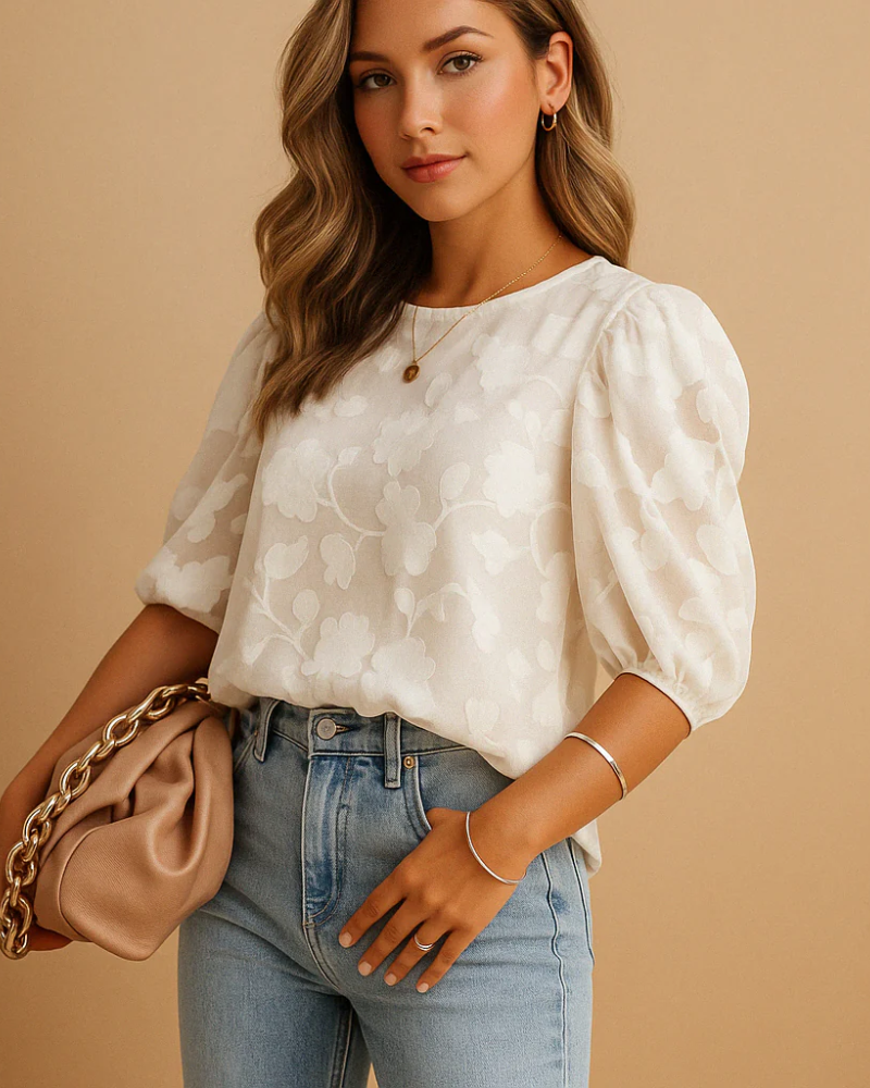 Genevieve Women's Floral Blouse – 3/4 Sleeve Round Neck Elegant Casual Top