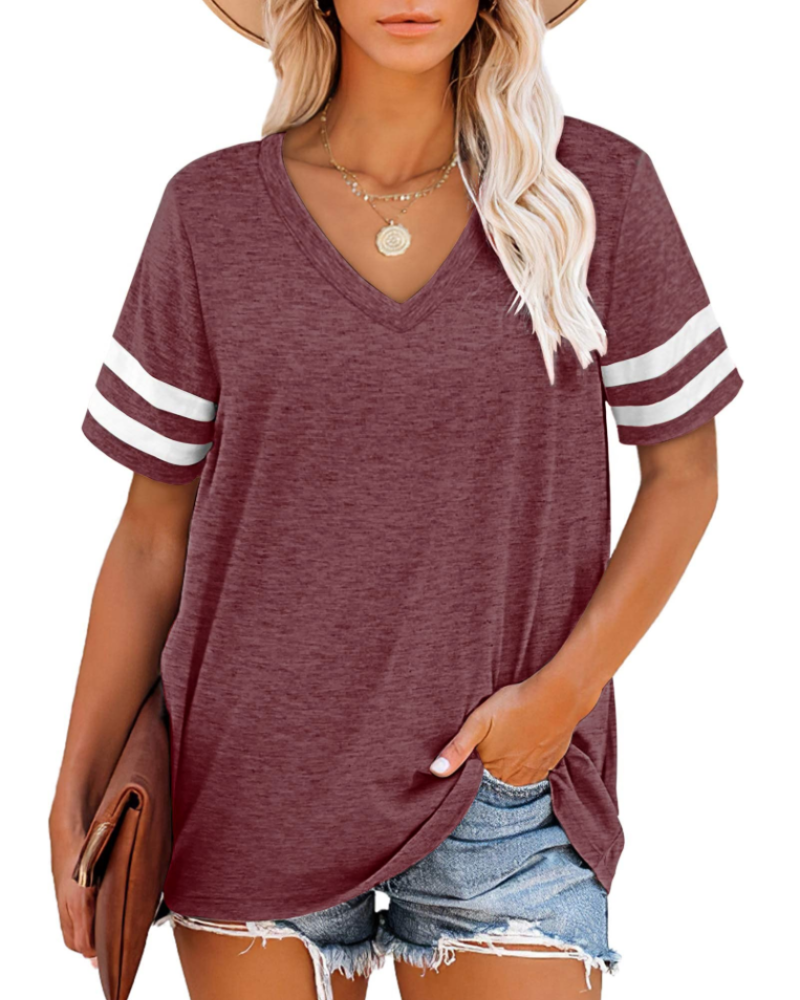 Chloe Women's V-Neck T-Shirt – Striped Sleeve Loose Fit Summer Top