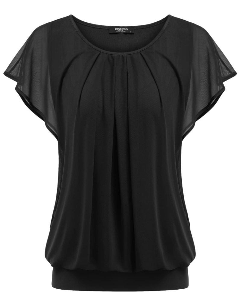 Sophia Women's Double Layer Blouse – Batwing Sleeve Mesh Tunic Top