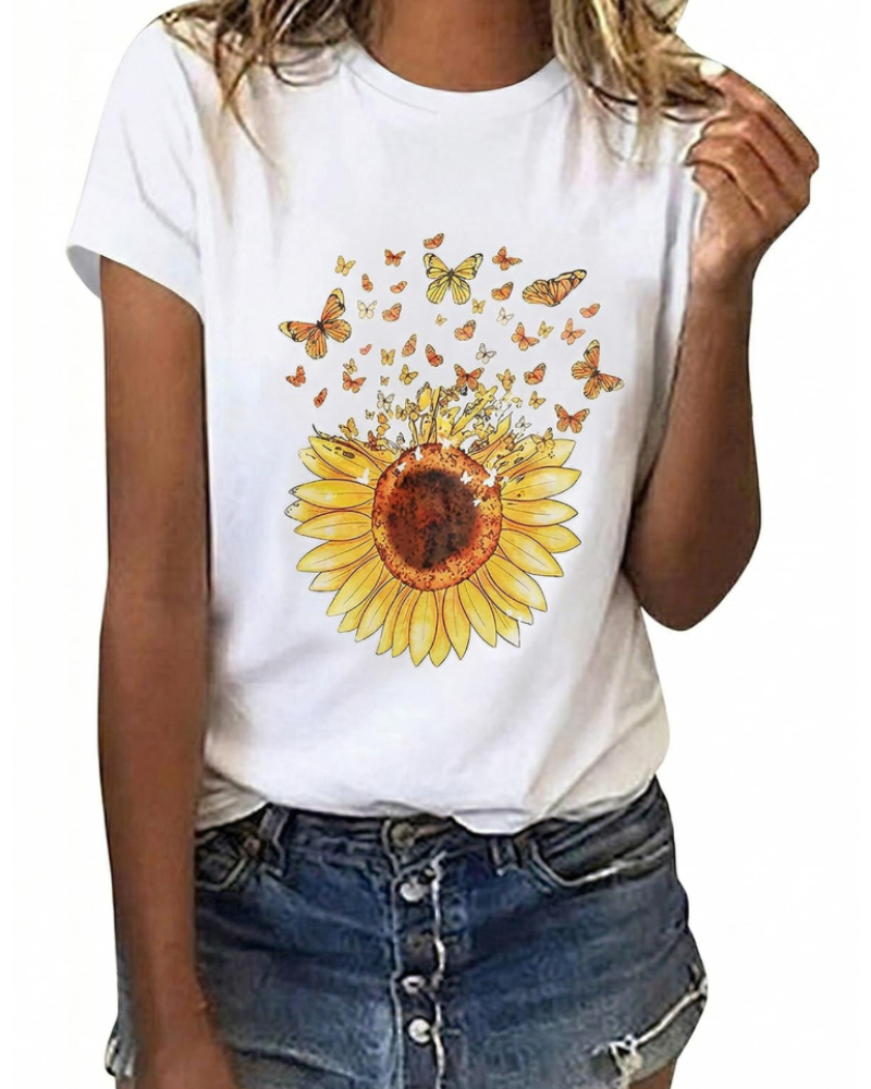 Bella Women's Cotton Graphic T-Shirt – Sunflower Daisy Print Summer Top