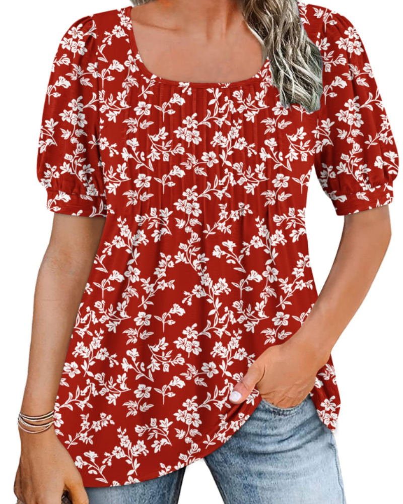 Olivia Women's Square Neck Tunic Top – Pleated Puff Sleeve Summer Blouse