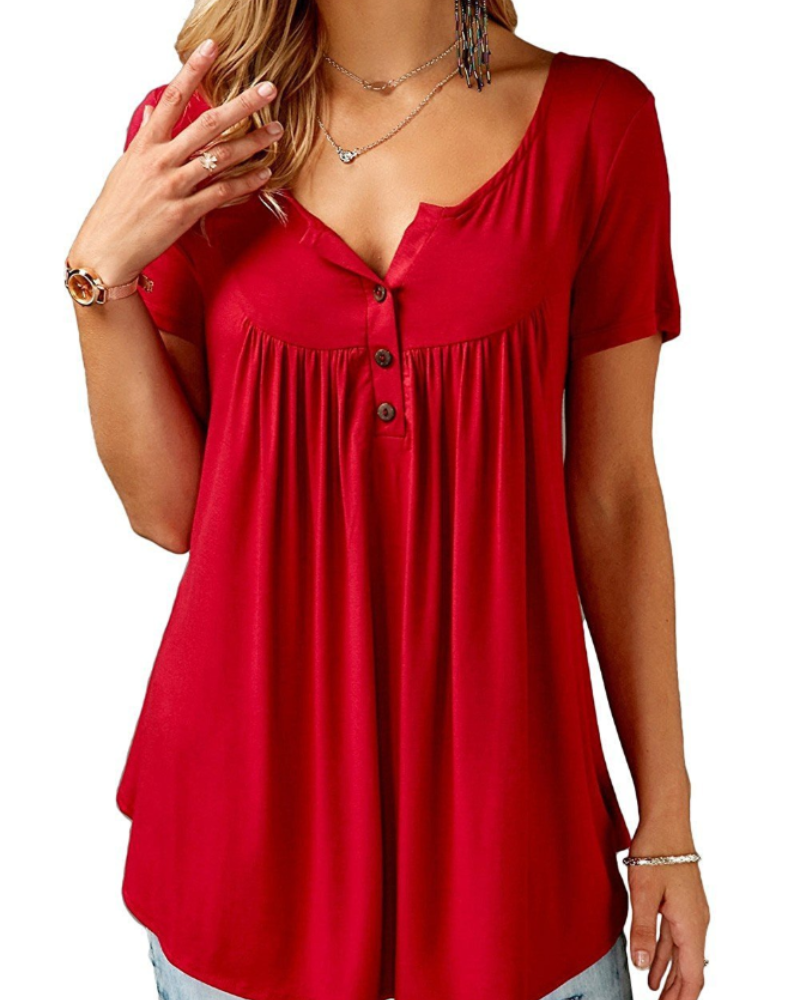 Sophia Women's V-Neck Tunic Top – Button Detail Loose Fit Summer Blouse