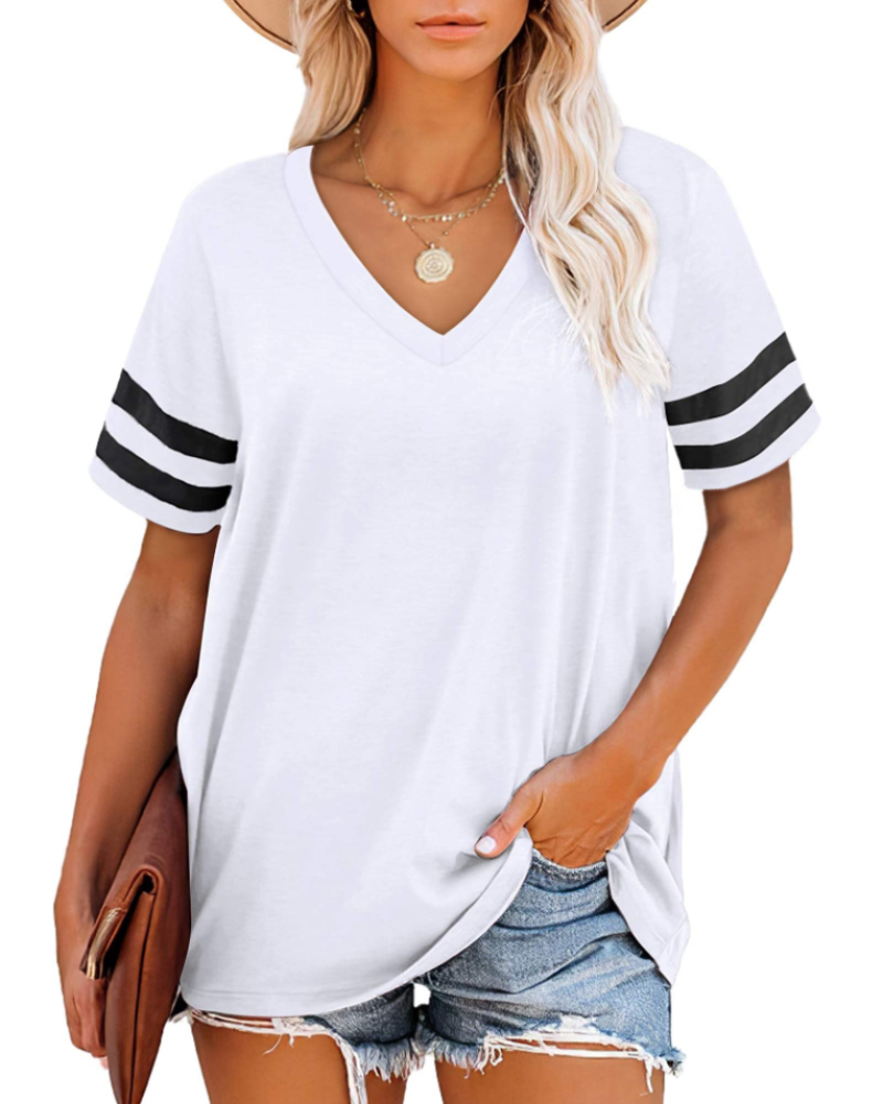 Chloe Women's V-Neck T-Shirt – Striped Sleeve Loose Fit Summer Top