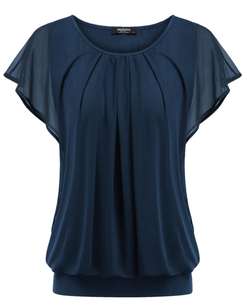 Sophia Women's Double Layer Blouse – Batwing Sleeve Mesh Tunic Top