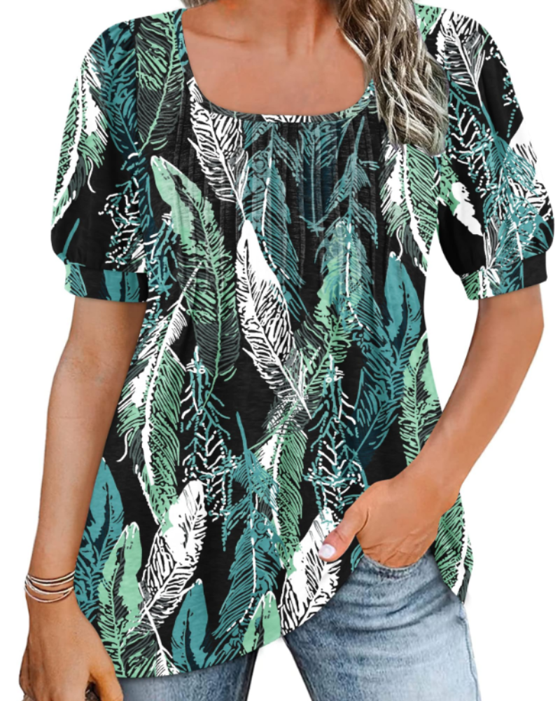 Olivia Women's Square Neck Tunic Top – Pleated Puff Sleeve Summer Blouse