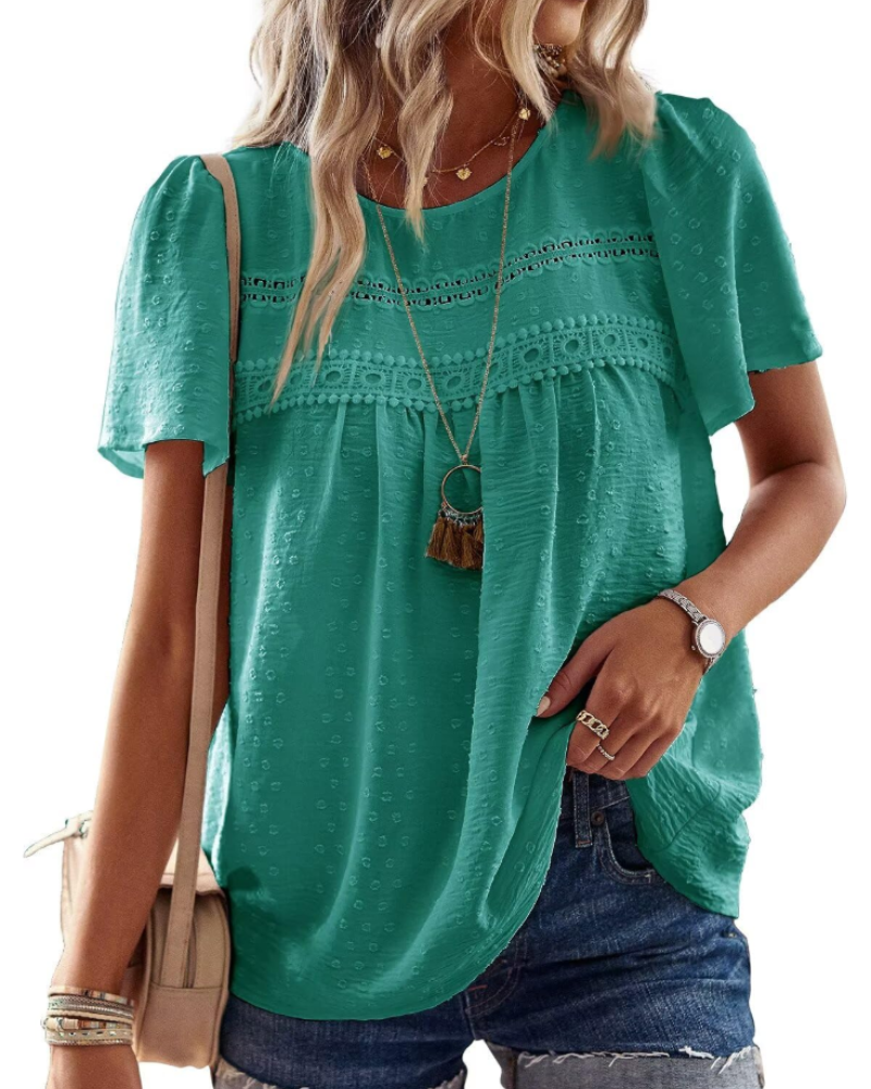 Grace Women's Boho Blouse – Lace Short Sleeve Round Neck Summer Tunic