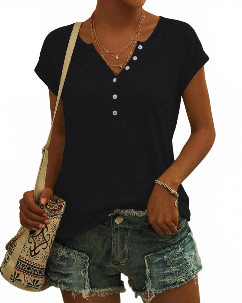 Emma Women's V-Neck Button Top – Loose Fit Cotton Blend Summer T-Shirt