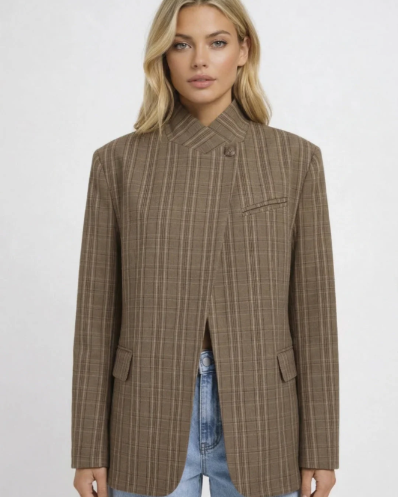 Amara Women’s Plaid Blazer – Oversized Jacket with Stand Collar & Asymmetric Closure