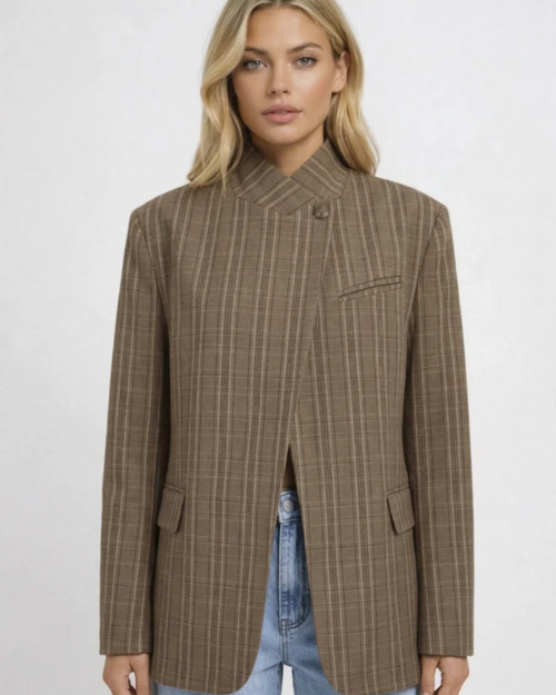 Amara Women’s Plaid Blazer – Oversized Jacket with Stand Collar & Asymmetric Closure