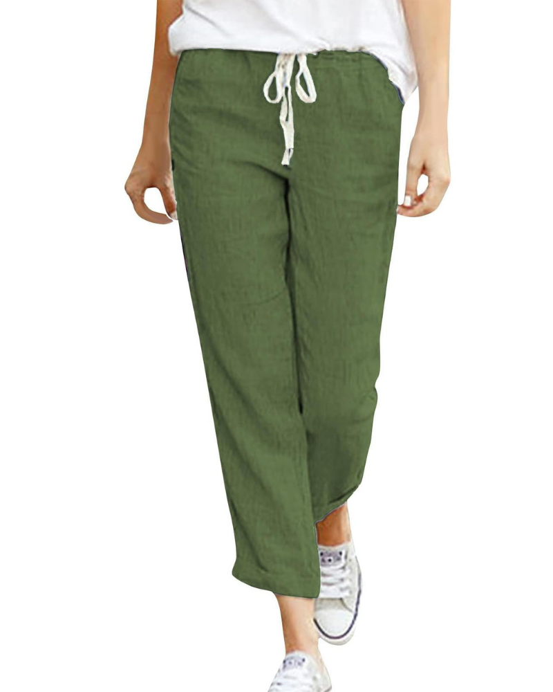 Mia Women’s Linen Pants – Elastic Waist Drawstring 7/8 Trousers with Pockets
