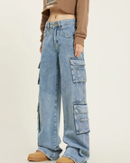 Lena Women’s Cargo Jeans – Retro Baggy Wide Leg Jeans with Utility Pockets
