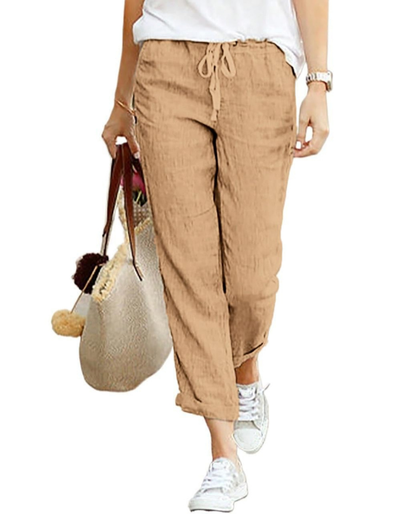 Mia Women’s Linen Pants – Elastic Waist Drawstring 7/8 Trousers with Pockets
