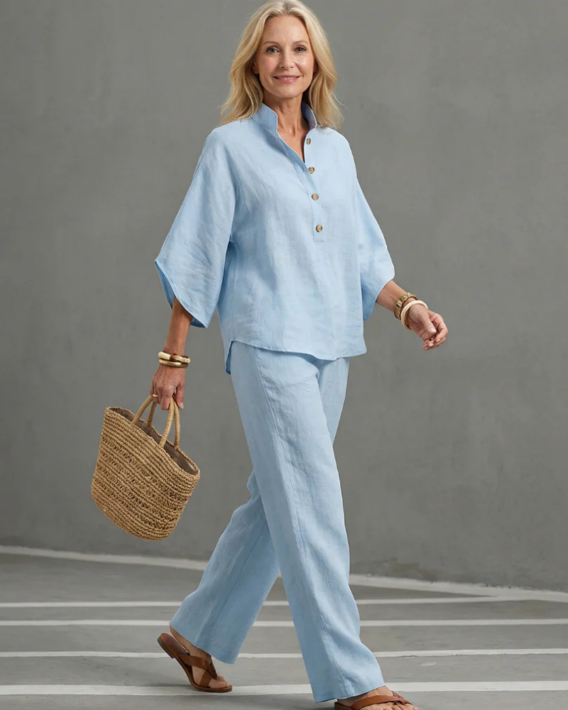 Elena Women’s Linen Blend Set – Button Tunic & Straight Leg Pants
