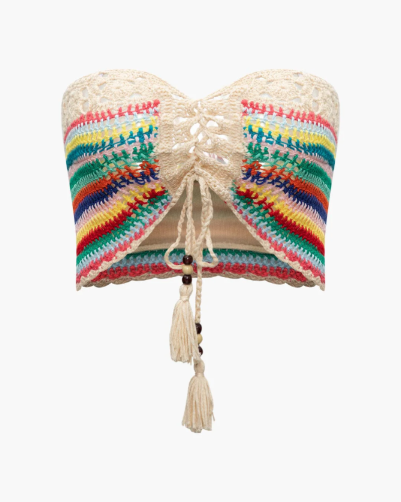 Jasmine Women’s Crochet Set – Lace-Up Bustier & Colorful Boho Shorts