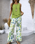 Harper Women’s Casual Set – Sleeveless Top & Botanical Wide Leg Pants